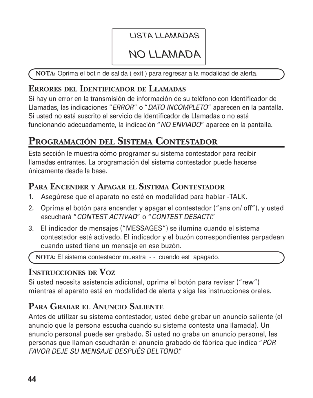 GE 25826, 25825 manual No Llamada, Programación DEL Sistema Contestador 