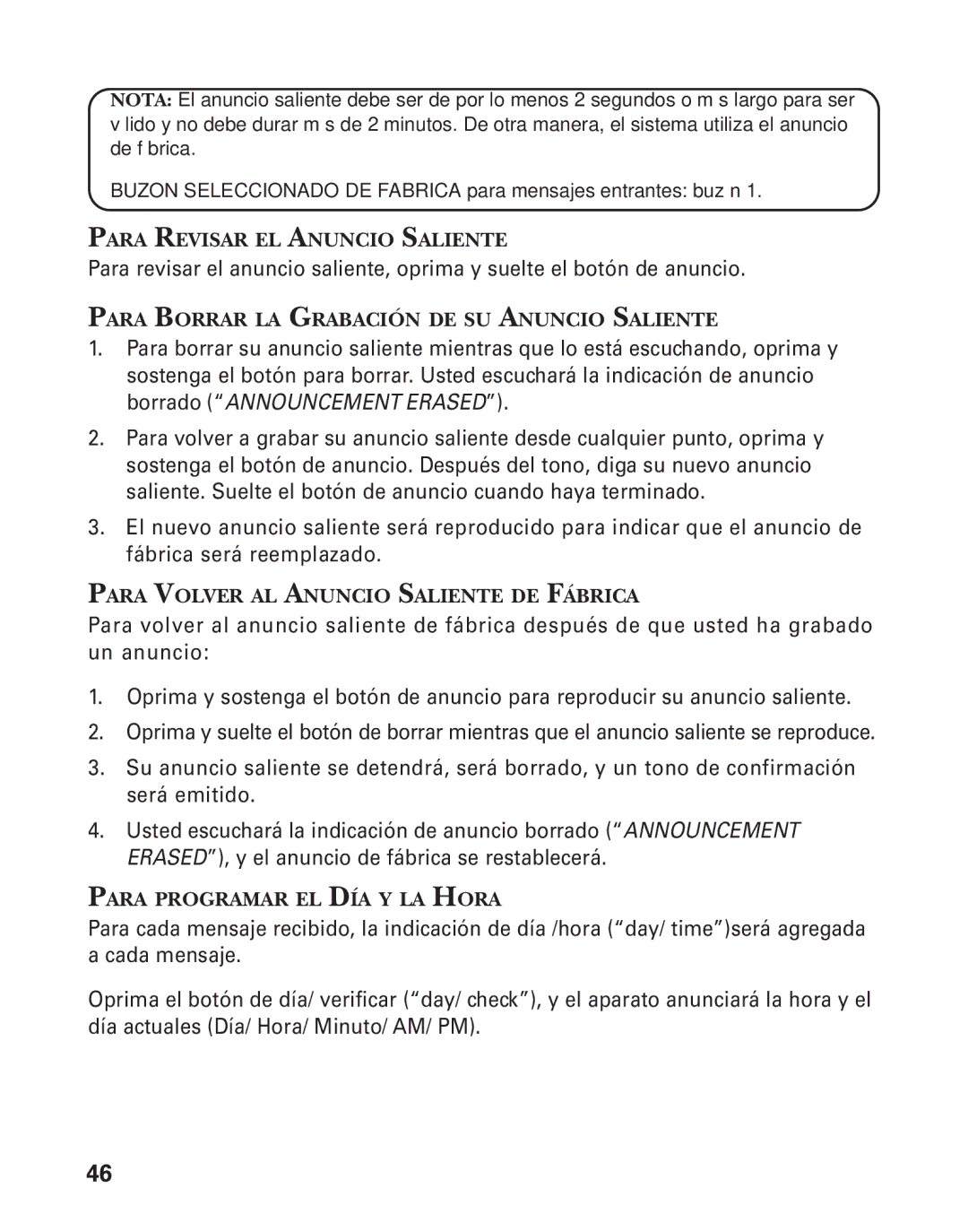 GE 25826, 25825 manual Para Revisar EL Anuncio Saliente, Para Borrar LA Grabación DE SU Anuncio Saliente 