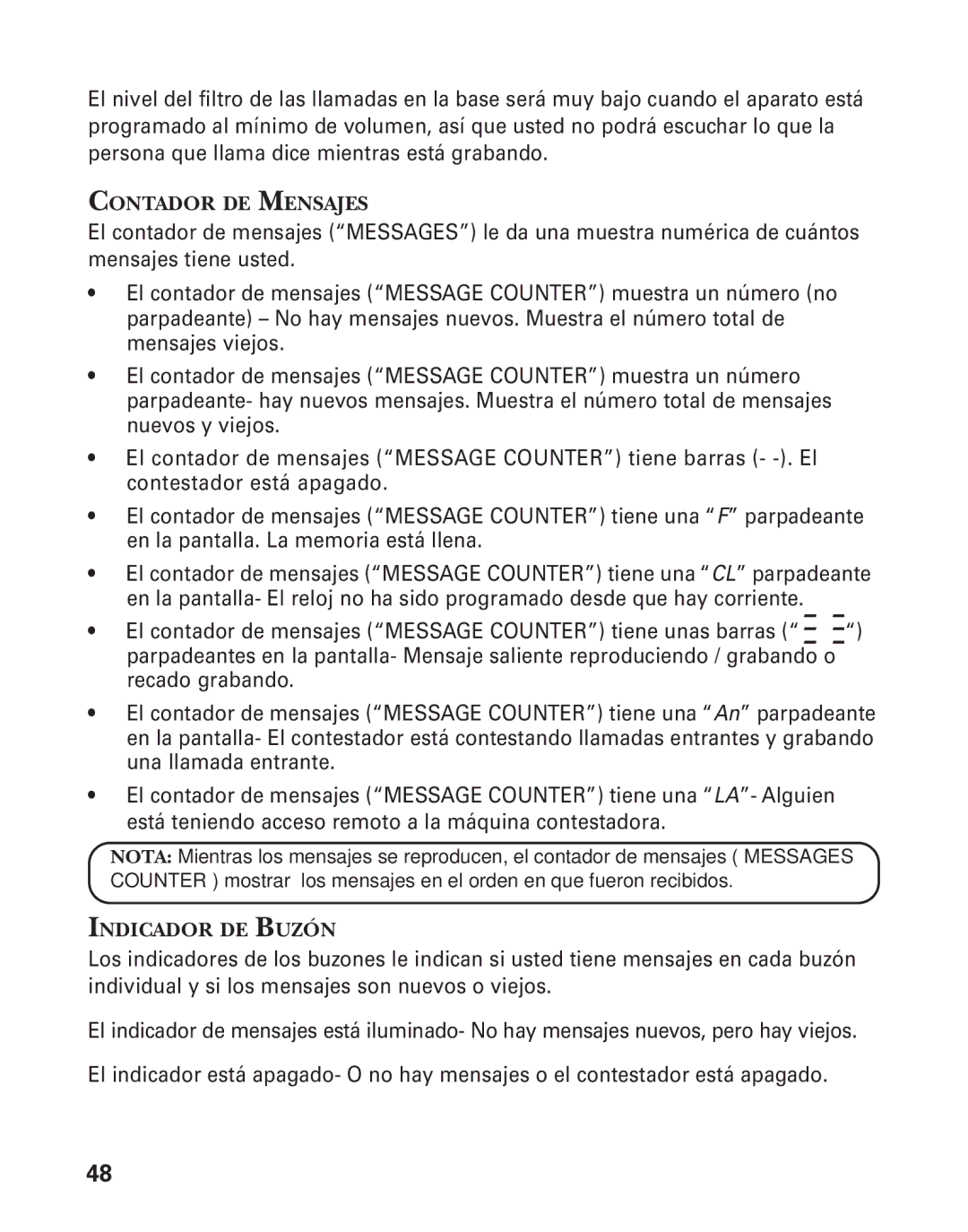 GE 25826, 25825 manual Contador DE Mensajes, Indicador DE Buzón 