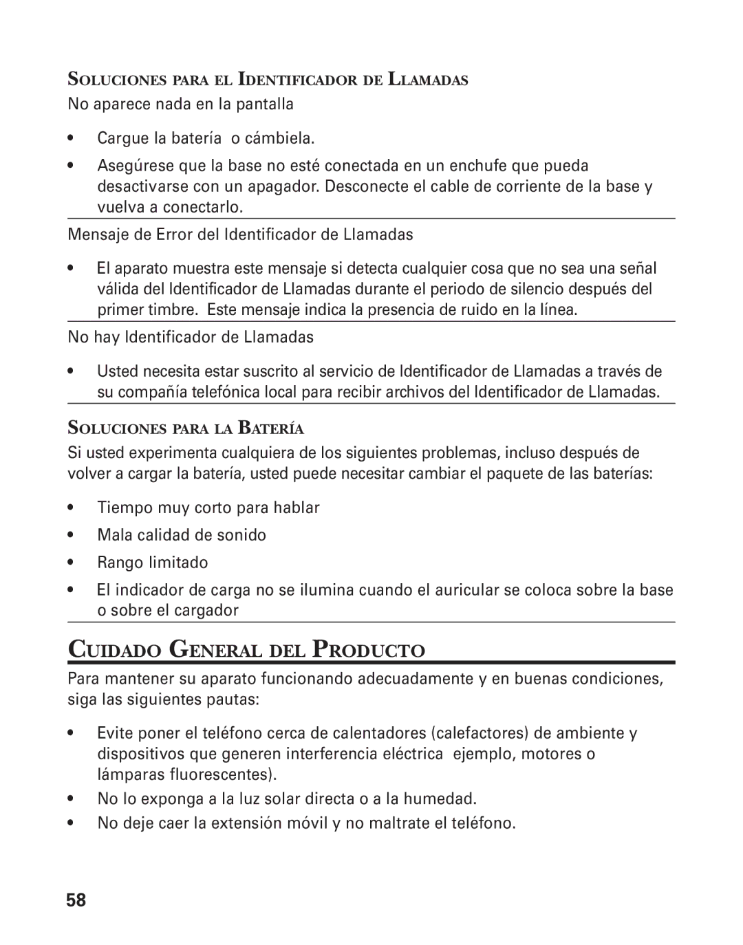 GE 25826, 25825 manual Cuidado General DEL Producto, No hay Identificador de Llamadas 