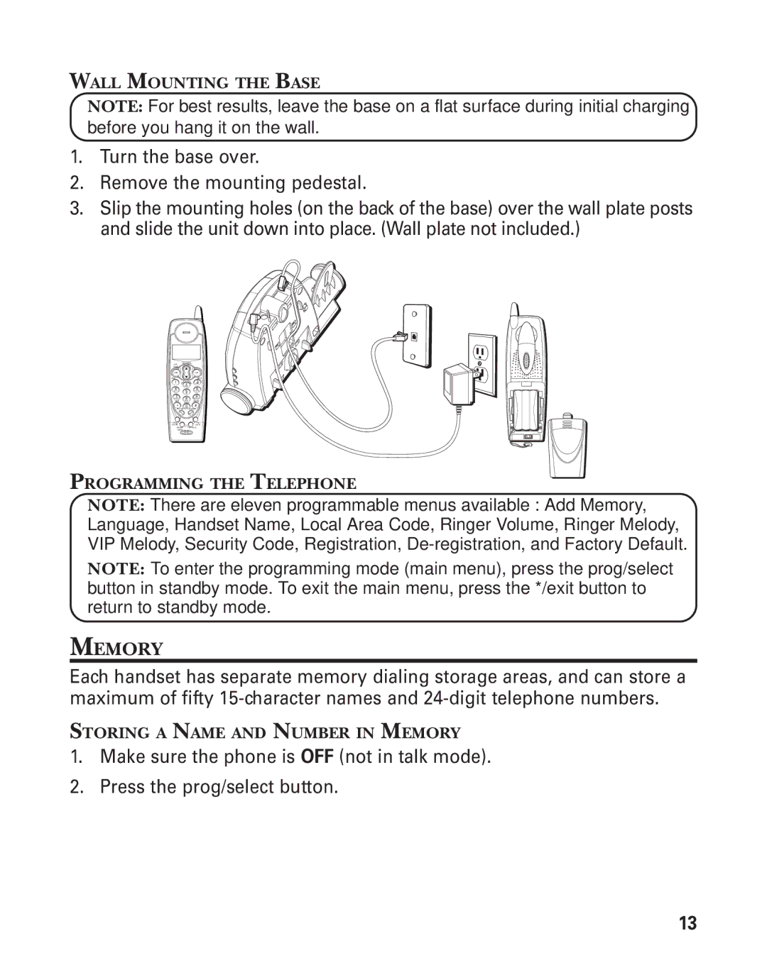 GE 25825, 25826 manual Wall Mounting the Base, Programming the Telephone, Storing a Name and Number in Memory 