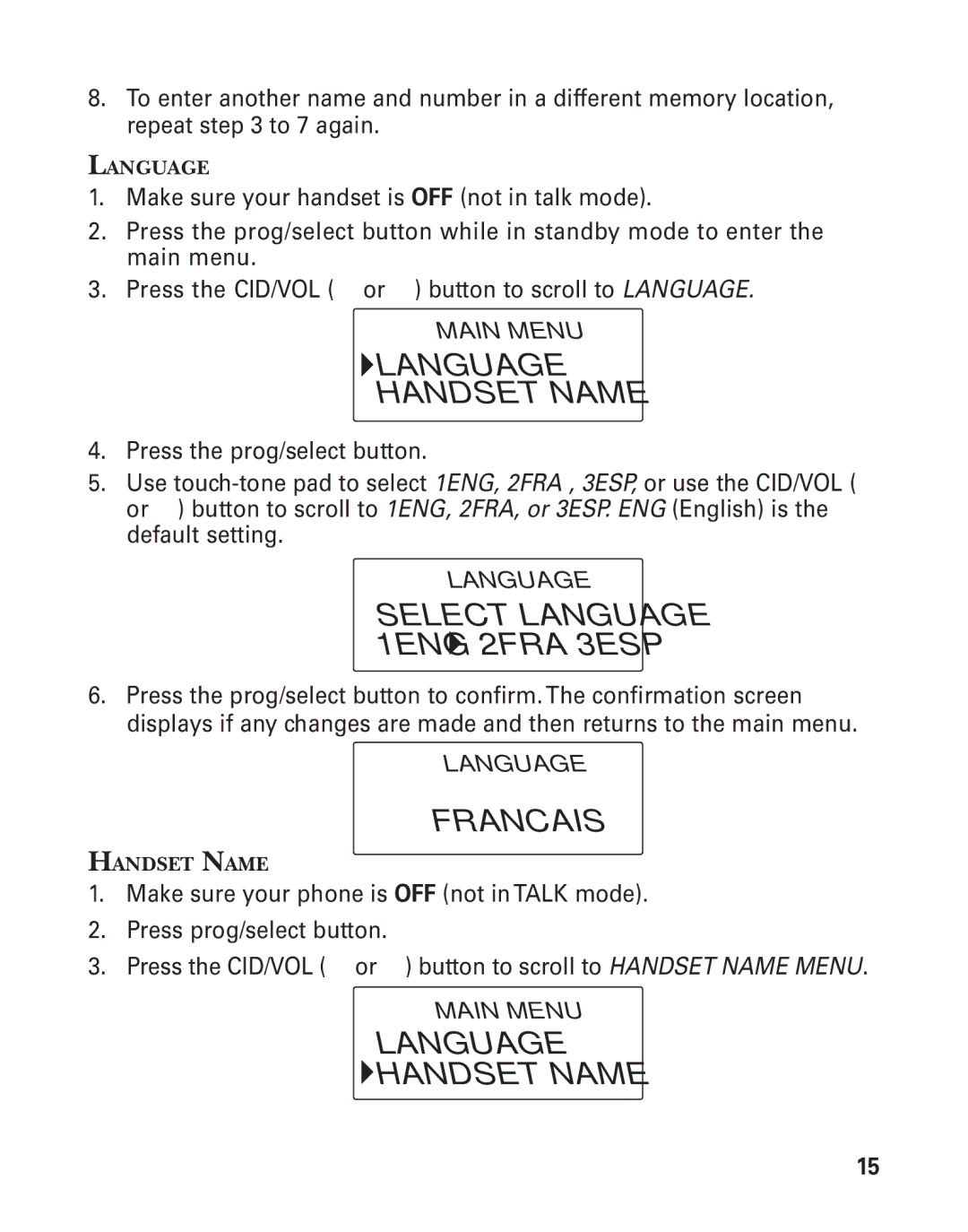 GE 25825, 25826 manual Language Handset Name, Francais 