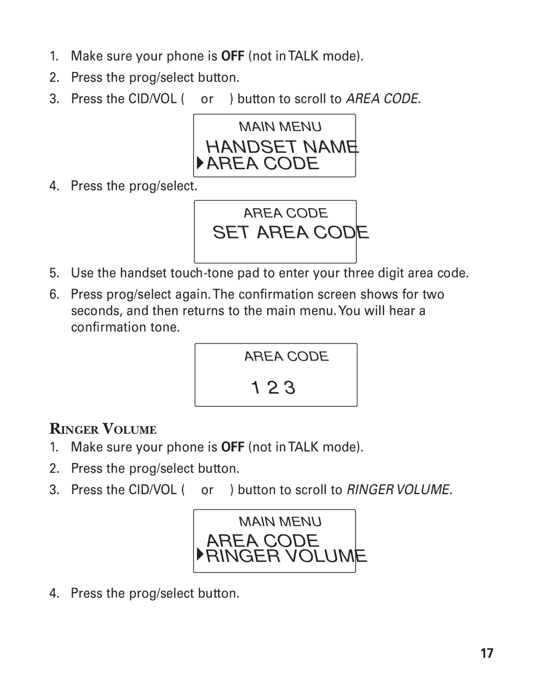 GE 25825, 25826 manual Handset Name Area Code, SET Area Code, Area Code Ringer Volume 