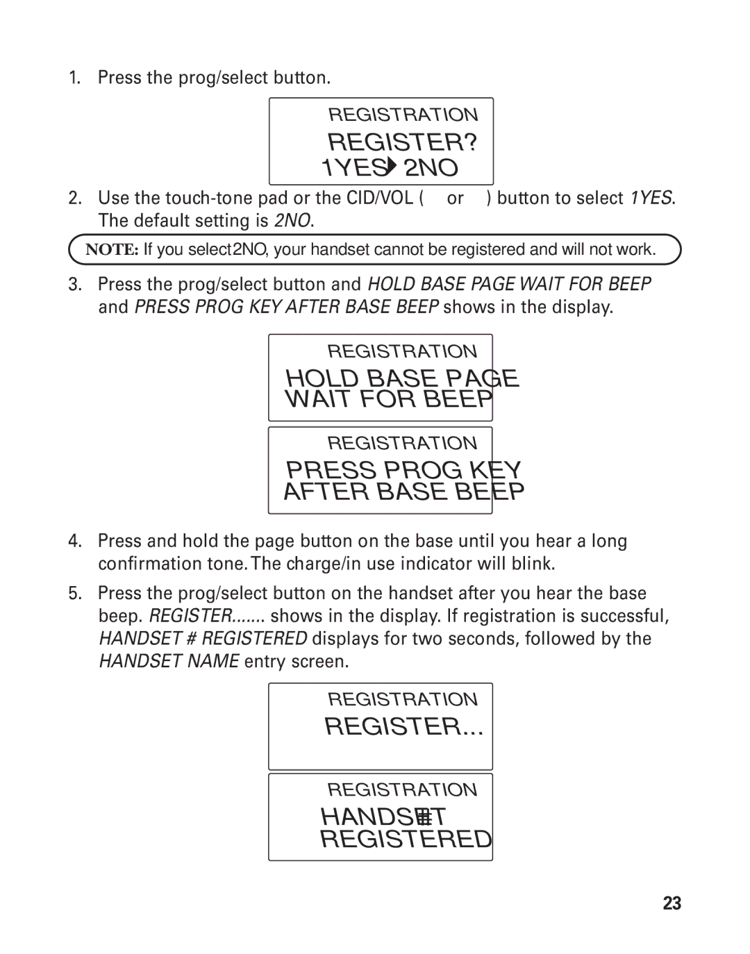 GE 25825, 25826 manual Hold Base Wait for Beep, Press Prog KEY After Base Beep, HANDSET# Registered 