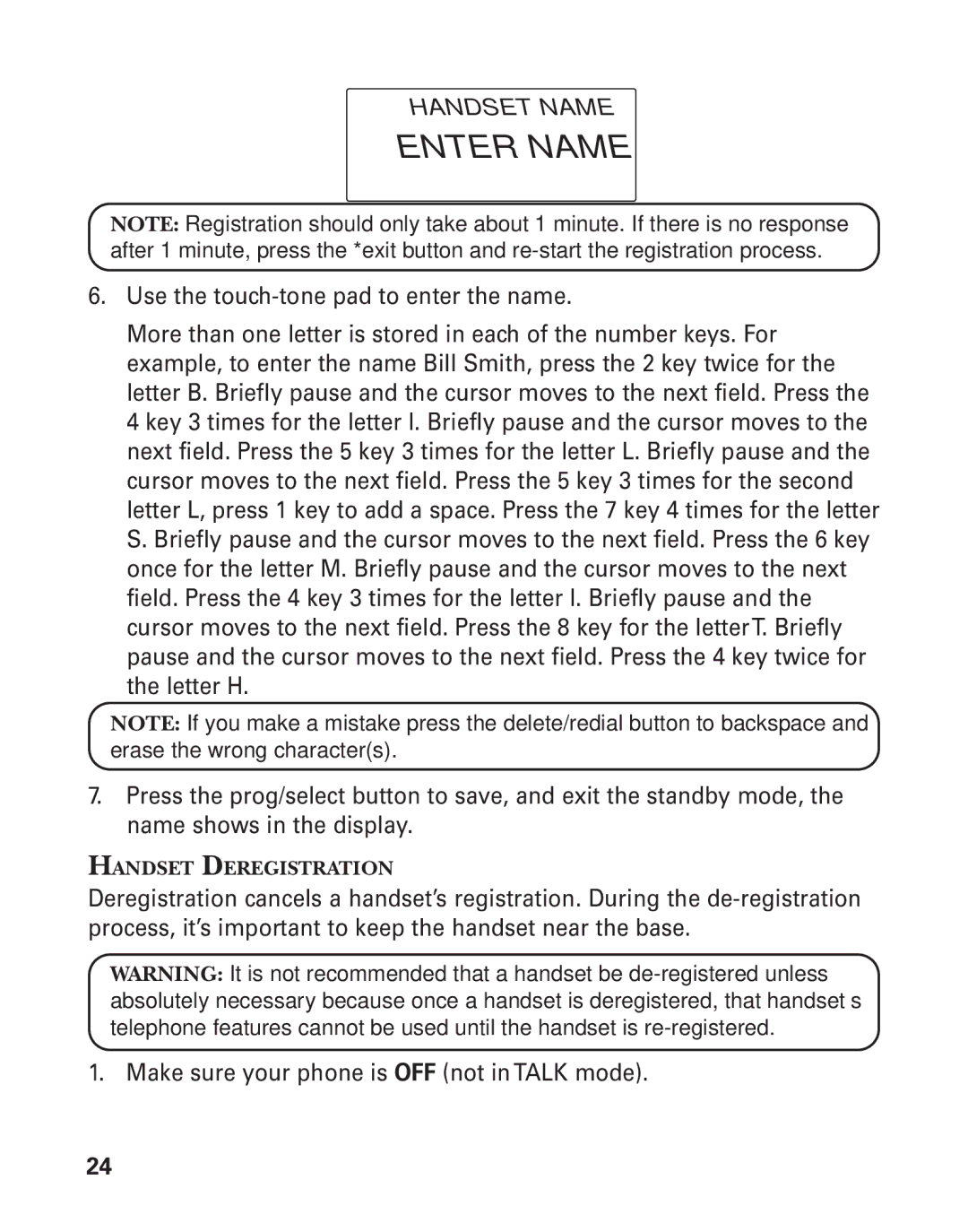 GE 25826, 25825 manual Enter Name, Handset Deregistration 