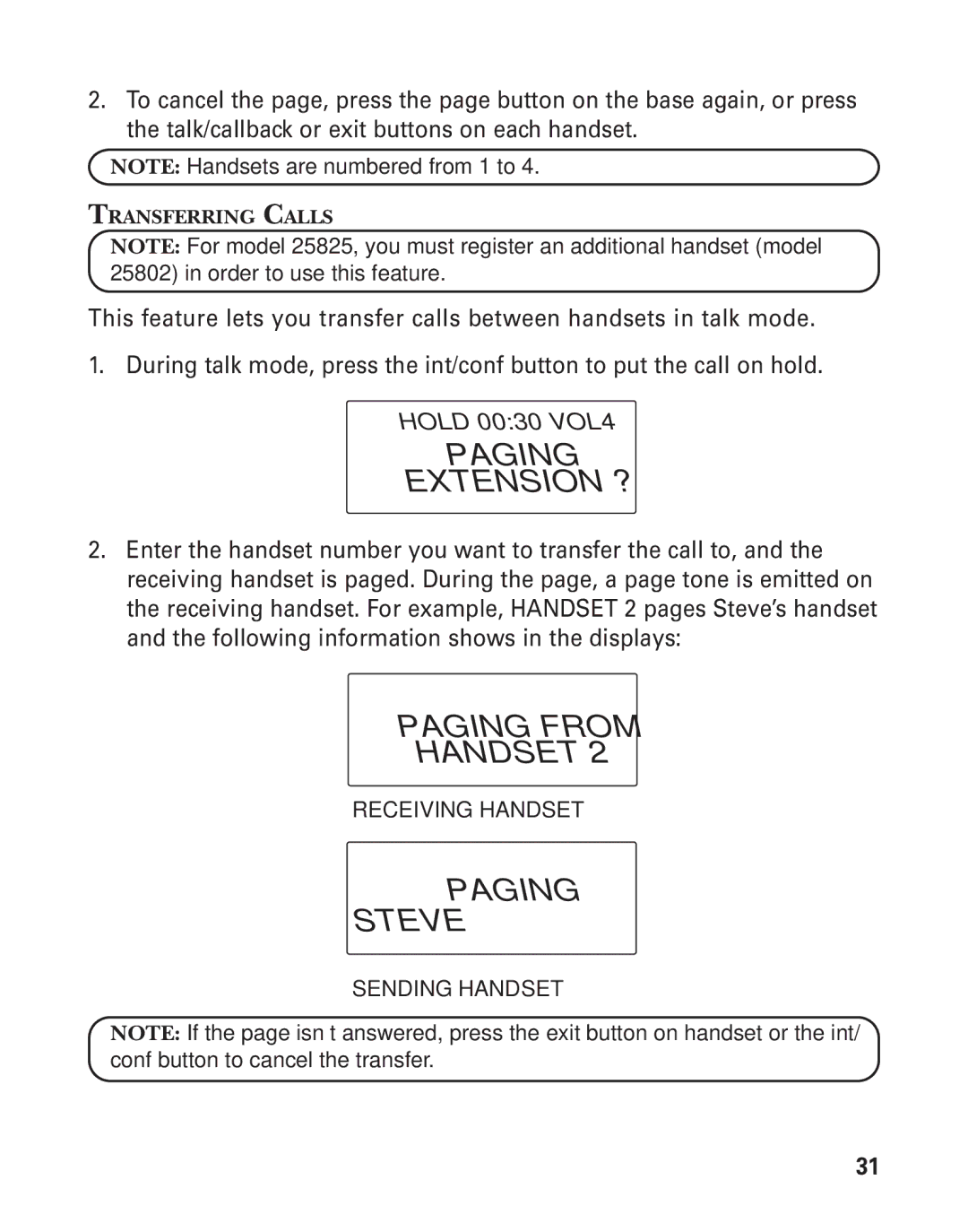 GE 25825, 25826 manual Paging from Handset, Paging Steve, Transferring Calls 