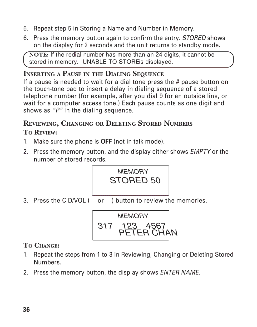 GE 25826, 25825 Peter Chan, Inserting a Pause in the Dialing Sequence, REVIEWING, Changing or Deleting Stored Numbers 