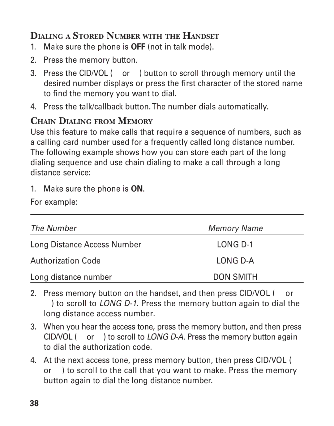 GE 25826, 25825 manual Dialing a Stored Number with the Handset, Chain Dialing from Memory 