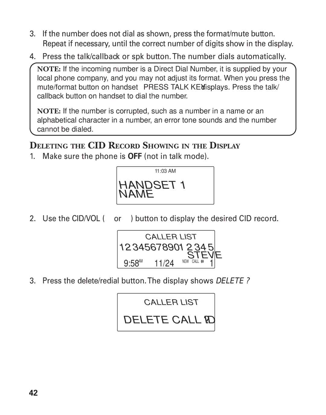 GE 25826, 25825 manual Delete Call ID ?, Deleting the CID Record Showing in the Display 