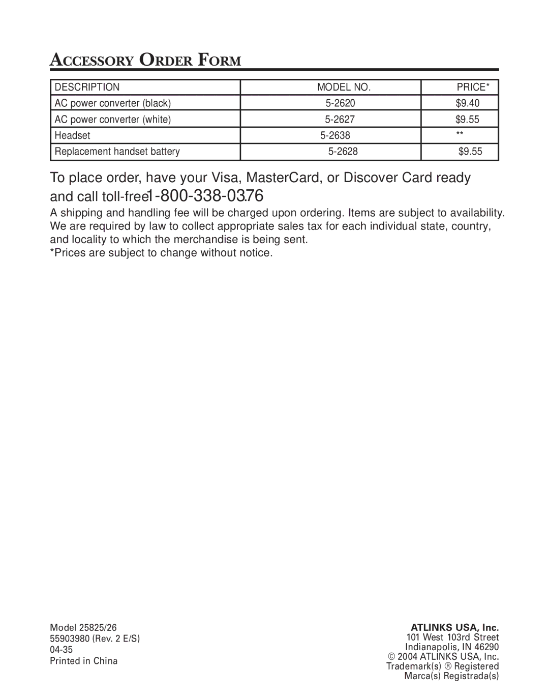 GE 25826, 25825 manual Accessory Order Form, Description Model no Price 