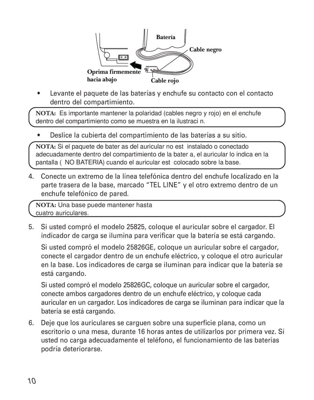 GE 25826, 25825 manual Batería Cable negro Oprima firmemente Hacia abajo 