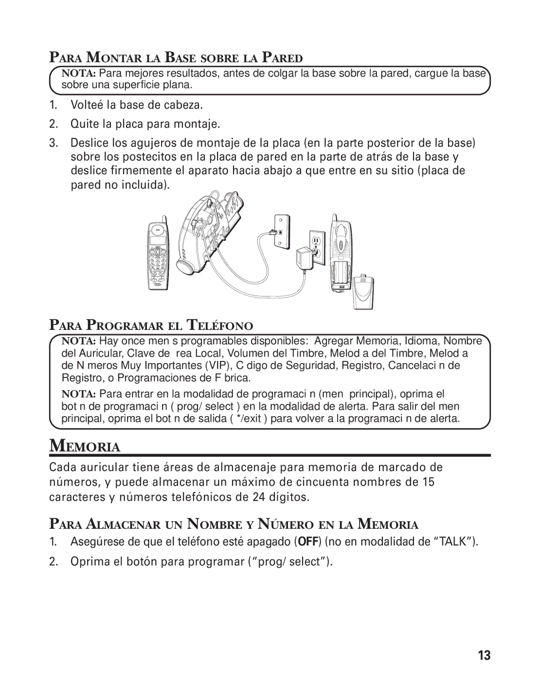 GE 25825, 25826 manual Memoria, Para Montar LA Base Sobre LA Pared, Para Programar EL Teléfono 