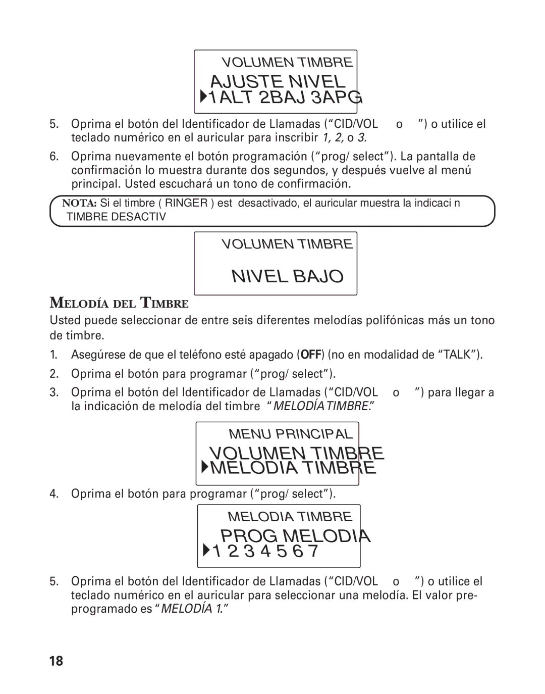 GE 25826, 25825 Ajuste Nivel 1ALT 2BAJ 3APG, Nivel‐Bajo, Volumen Timbre Melodia Timbre, Prog Melodia, Melodía DEL Timbre 