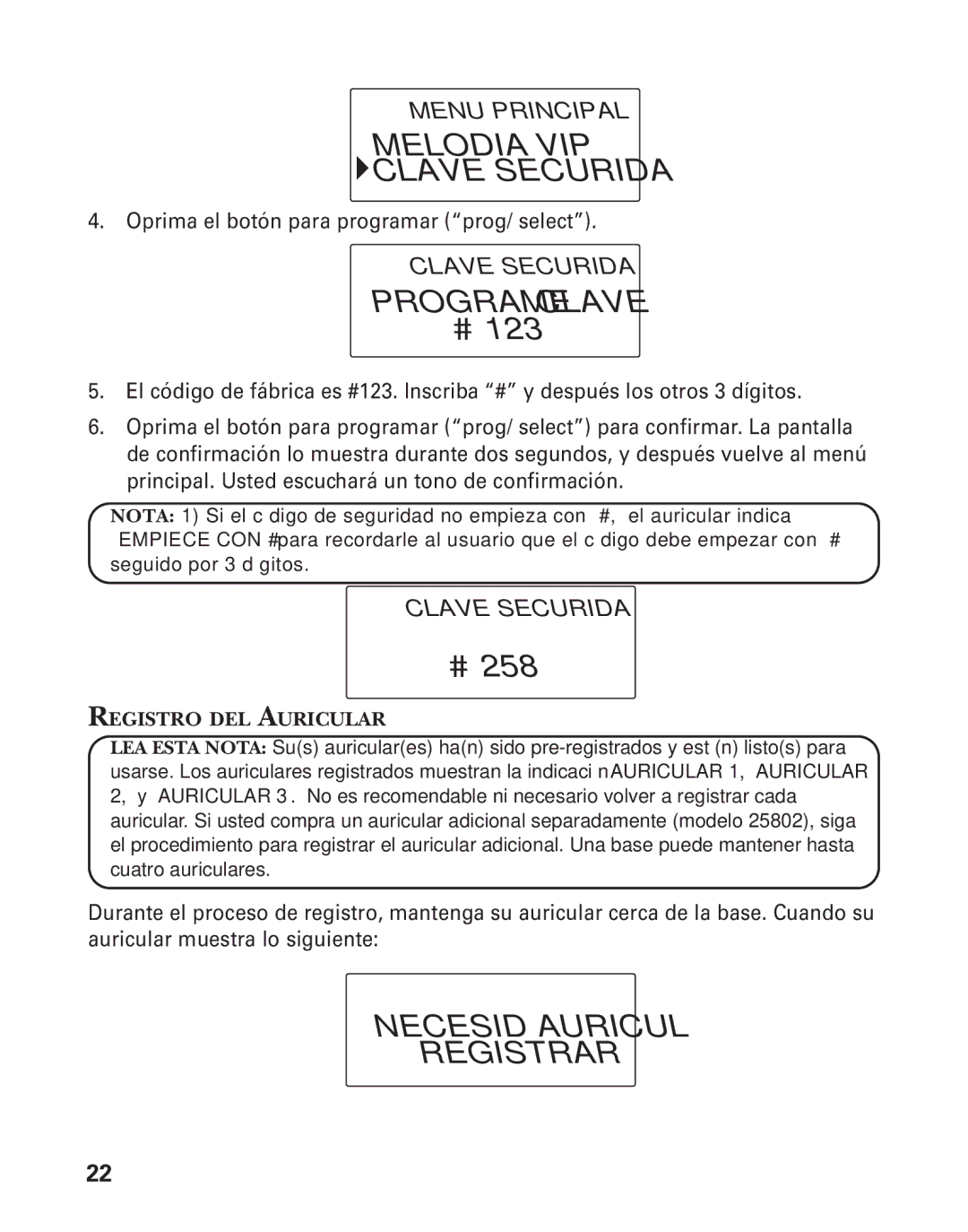 GE 25826, 25825 manual Melodia VIP Clave Securida, Programe Clave, Necesid Auricul Registrar, Registro DEL Auricular 