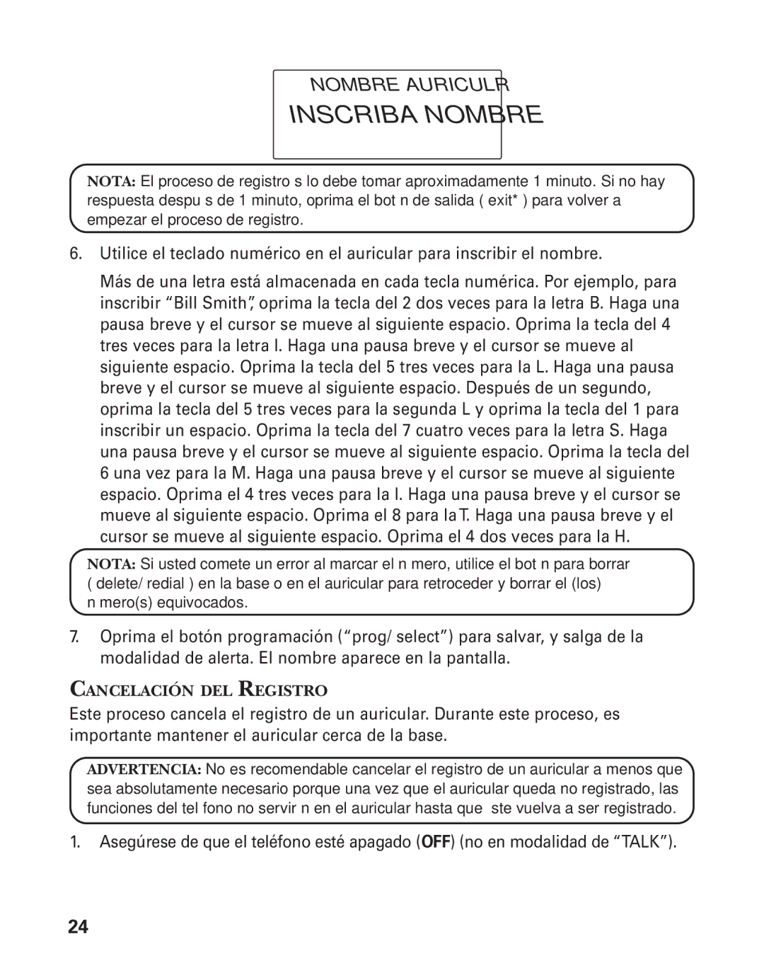 GE 25826, 25825 manual Inscriba Nombre, Cancelación DEL Registro 