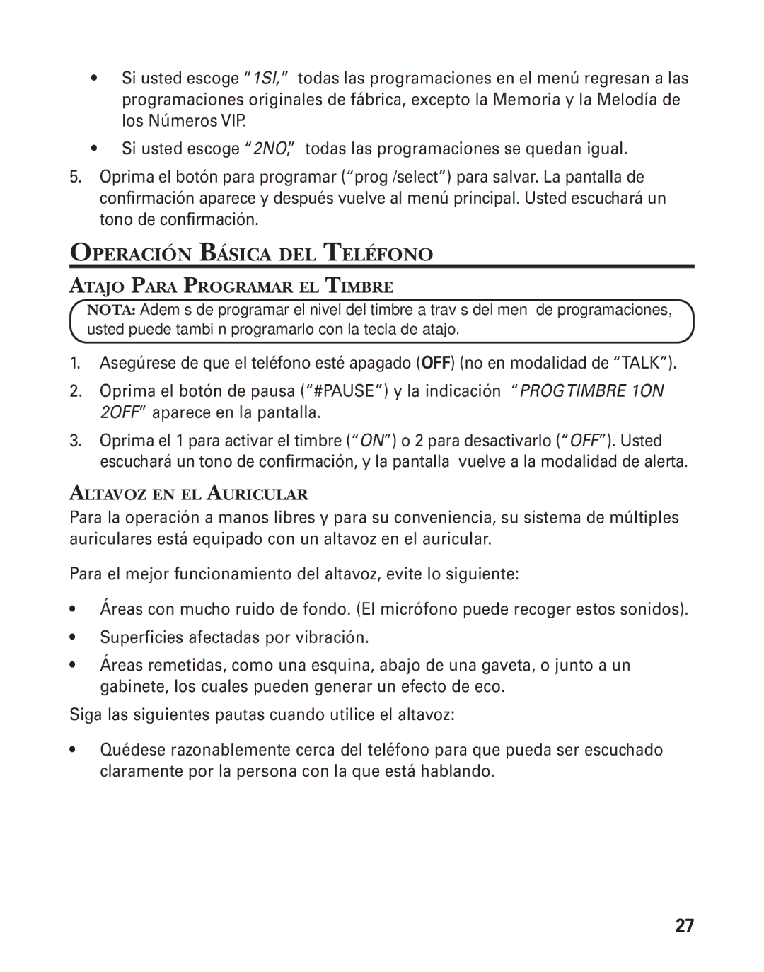 GE 25825, 25826 manual Operación Básica DEL Teléfono, Atajo Para Programar EL Timbre, Altavoz EN EL Auricular 