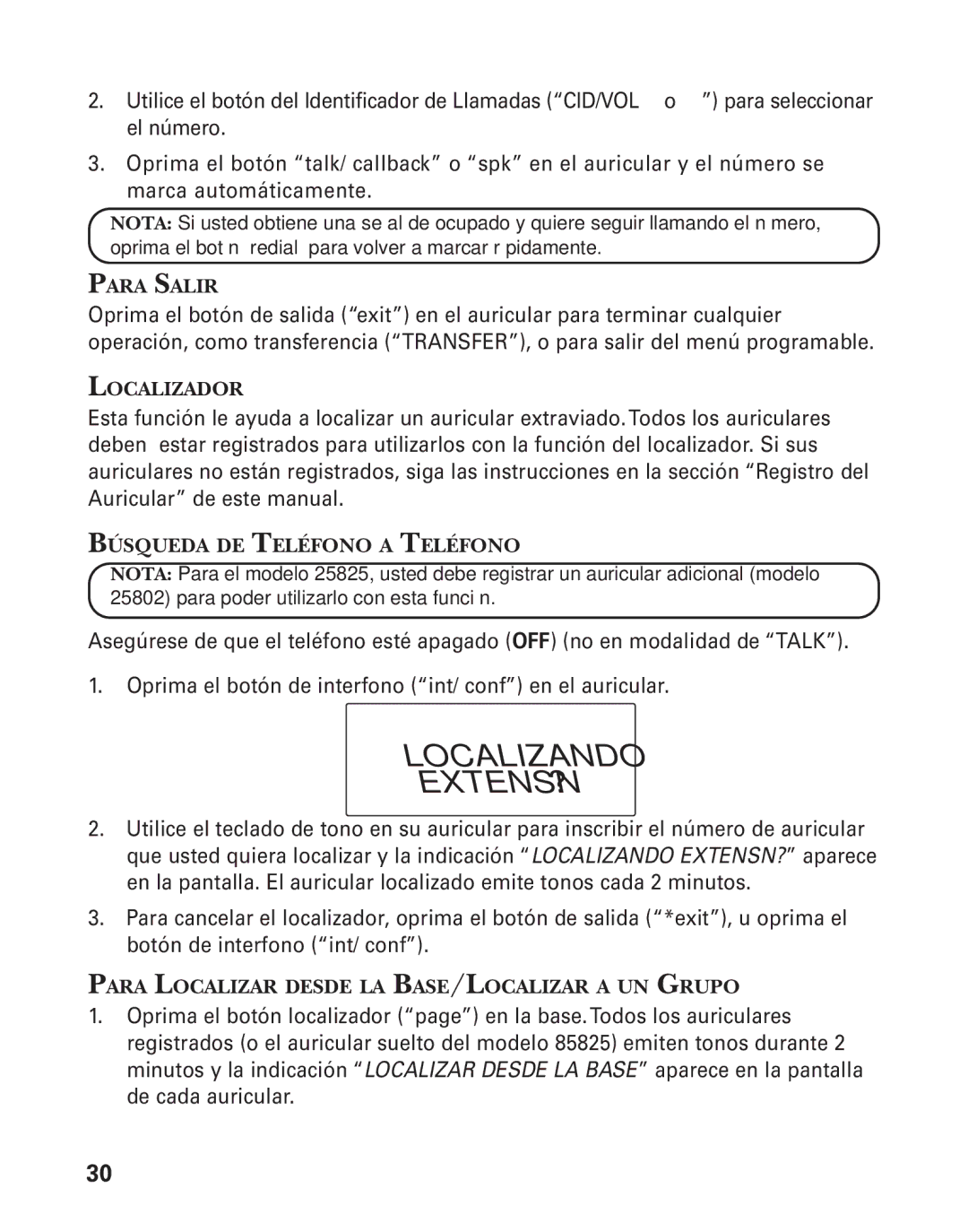 GE 25826, 25825 manual Localizando Extensn ?, Para Salir, Localizador, Búsqueda DE Teléfono a Teléfono 