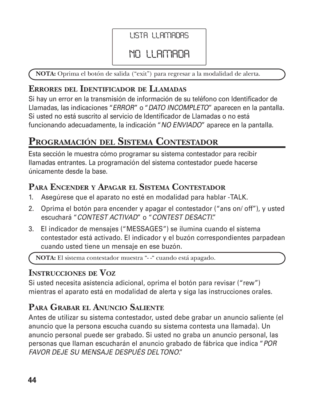 GE 25826GC, 25826GE, 55903980 manual No Llamada, Programación DEL Sistema Contestador 