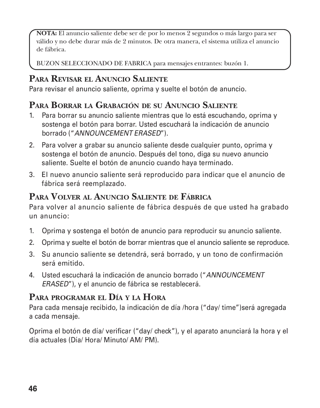 GE 55903980, 25826GC, 25826GE manual Para Revisar EL Anuncio Saliente, Para Borrar LA Grabación DE SU Anuncio Saliente 