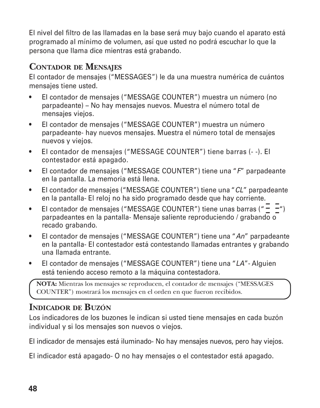 GE 25826GE, 25826GC, 55903980 manual Contador DE Mensajes, Indicador DE Buzón 