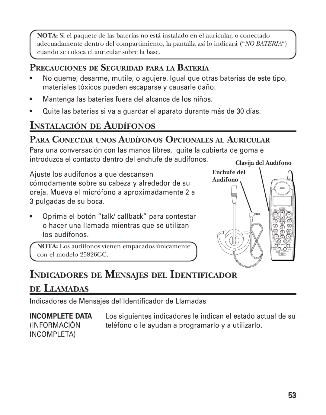 GE 25826GC, 25826GE, 55903980 manual Instalación DE Audífonos, Indicadores DE Mensajes DEL Identificador DE Llamadas 