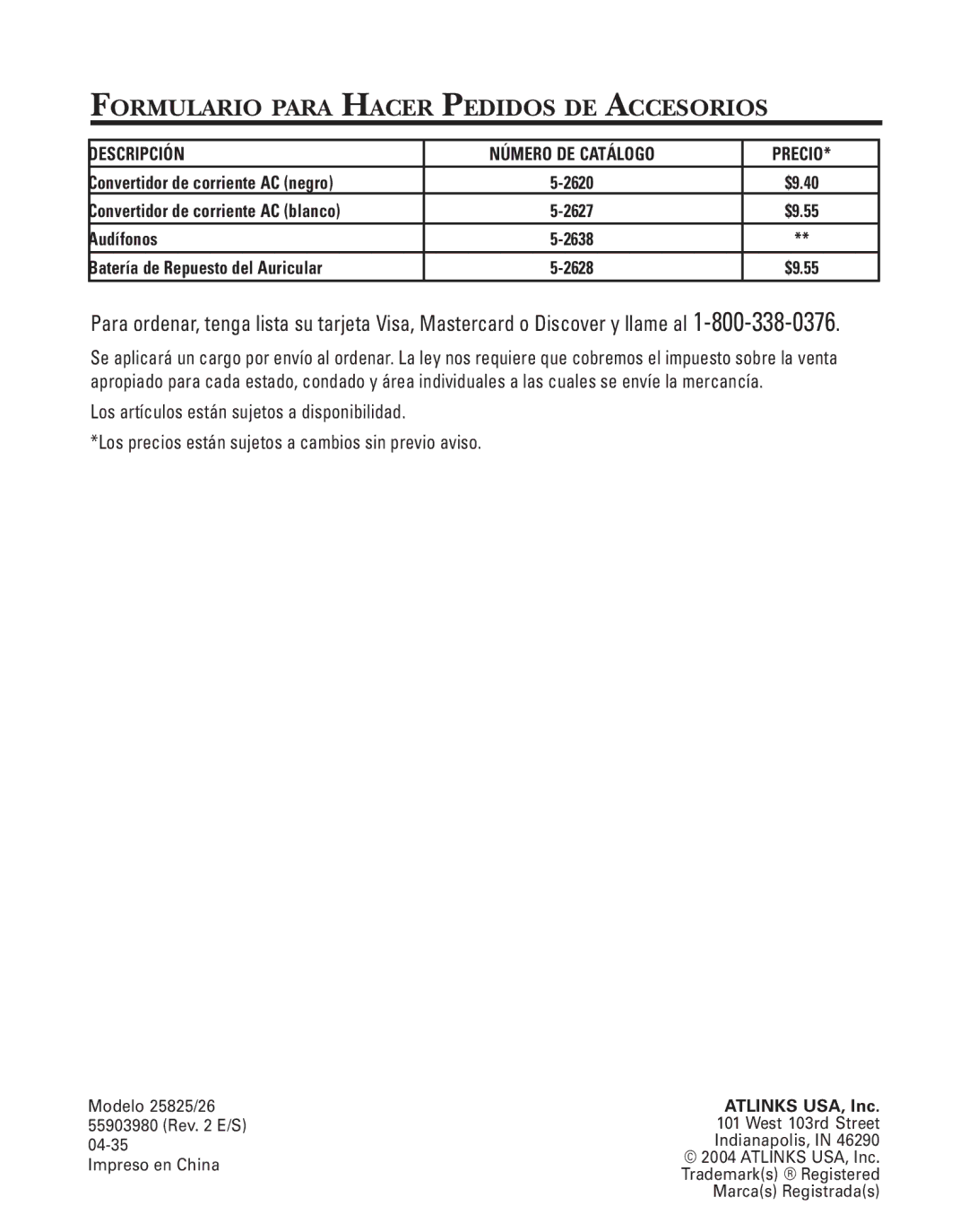 GE 55903980, 25826GC, 25826GE manual Formulario Para Hacer Pedidos DE Accesorios, Descripción Número DE Catálogo Precio 