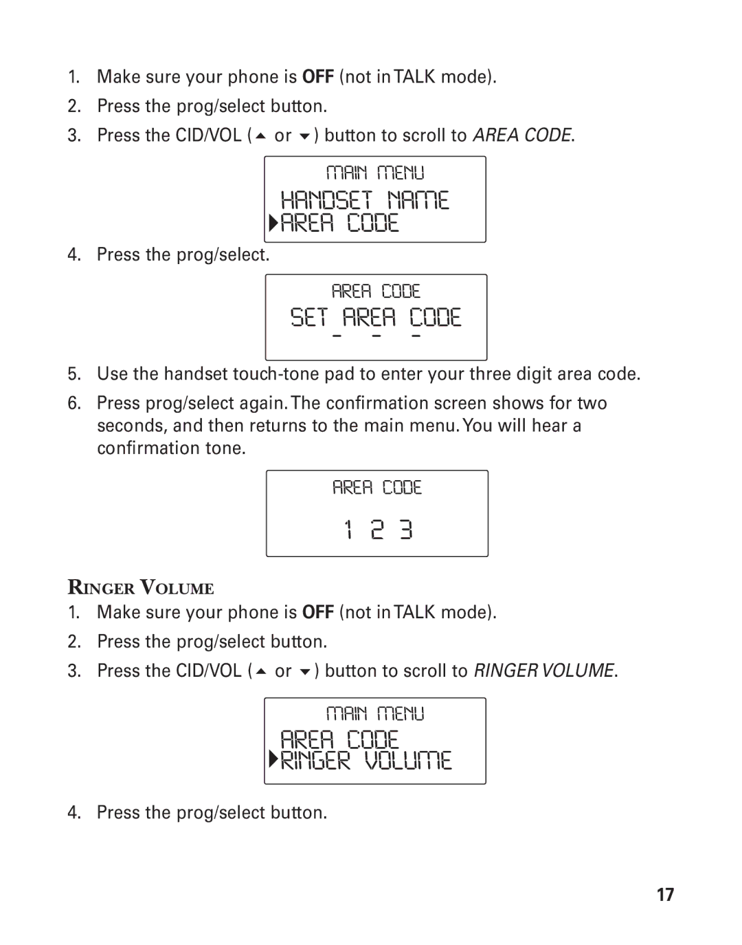 GE 55903980, 25826GC, 25826GE manual Handset Name Area Code, SET Area Code, Area Code Ringer Volume 