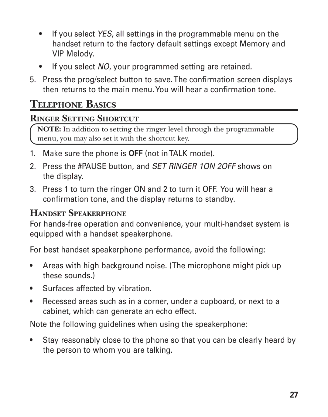 GE 25826GC, 25826GE, 55903980 manual Telephone Basics, Ringer Setting Shortcut, Handset Speakerphone 