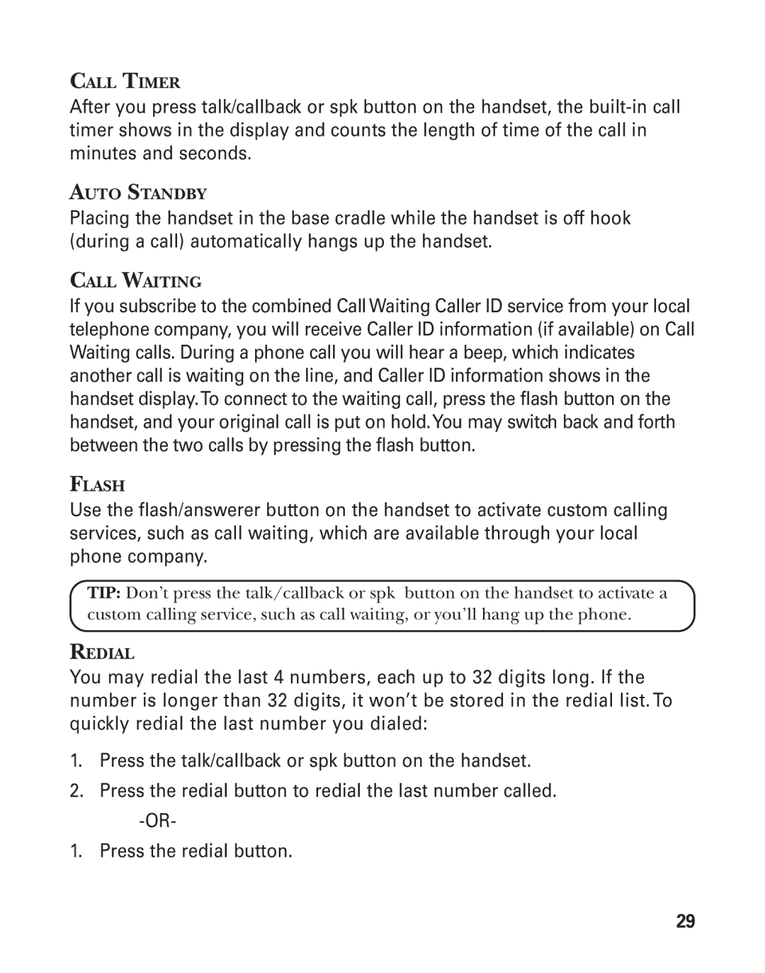 GE 55903980, 25826GC, 25826GE manual Call Timer, Auto Standby, Call Waiting, Flash, Redial 