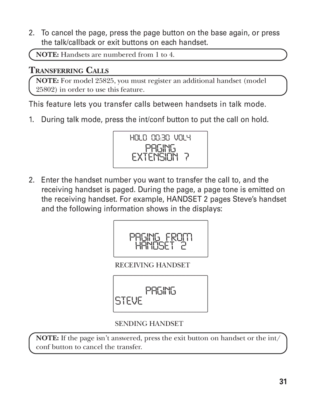 GE 25826GE, 25826GC, 55903980 manual Paging from Handset, Paging Steve, Transferring Calls 