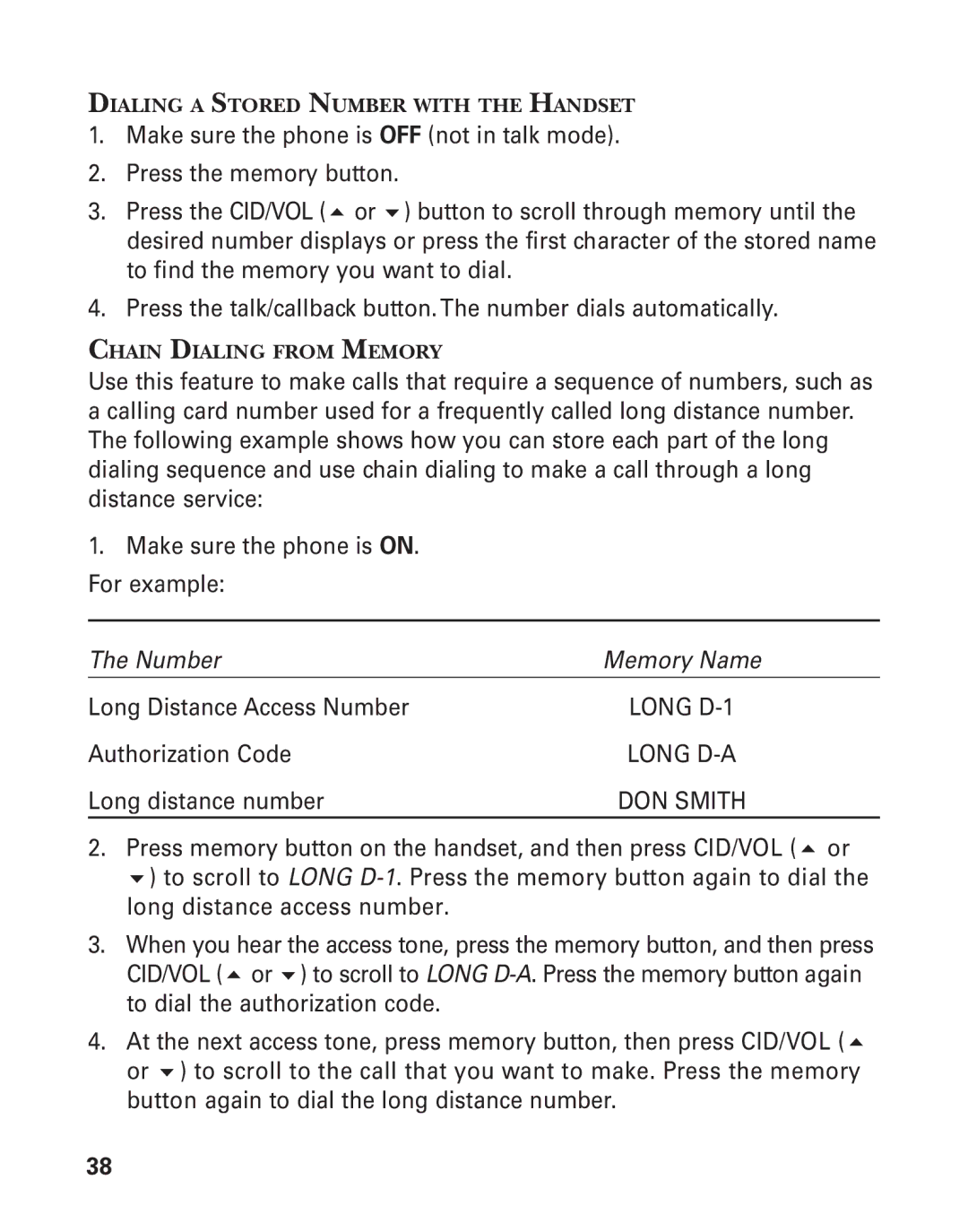 GE 55903980, 25826GC, 25826GE manual Dialing a Stored Number with the Handset, Chain Dialing from Memory 