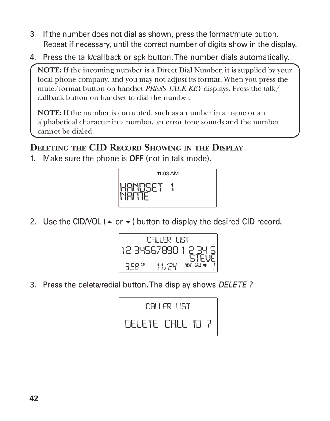 GE 25826GC, 25826GE, 55903980 manual Delete Call ID ?, Deleting the CID Record Showing in the Display 