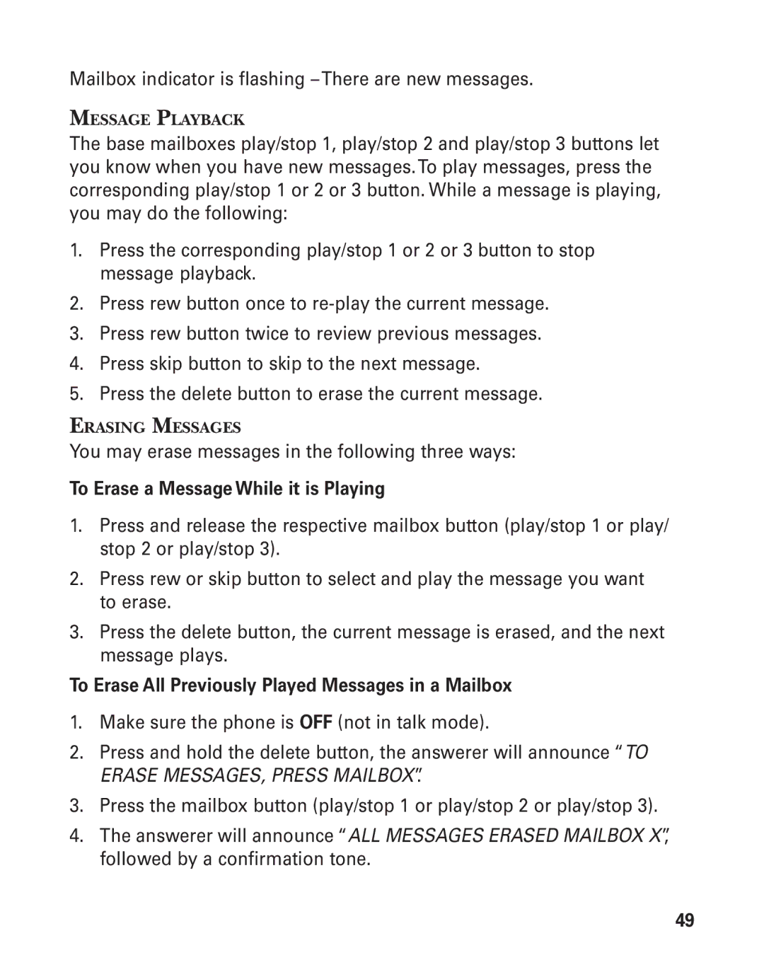 GE 25826GE, 25826GC, 55903980 manual Message Playback, Erasing Messages 