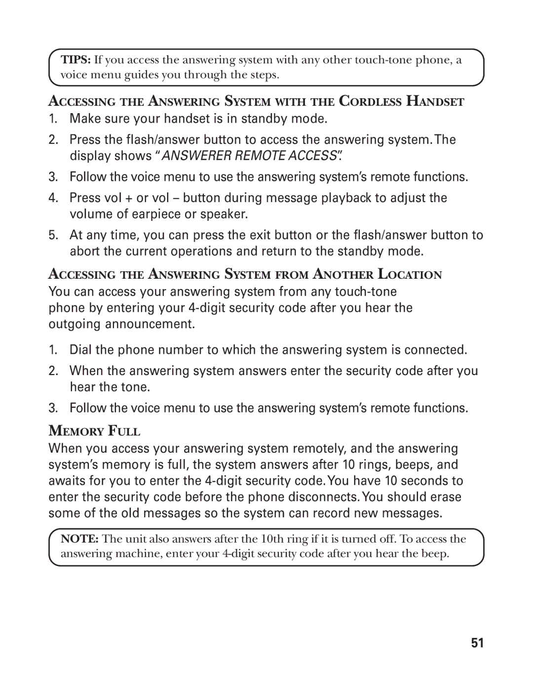 GE 25826GC Accessing the Answering System with the Cordless Handset, Accessing the Answering System from Another Location 