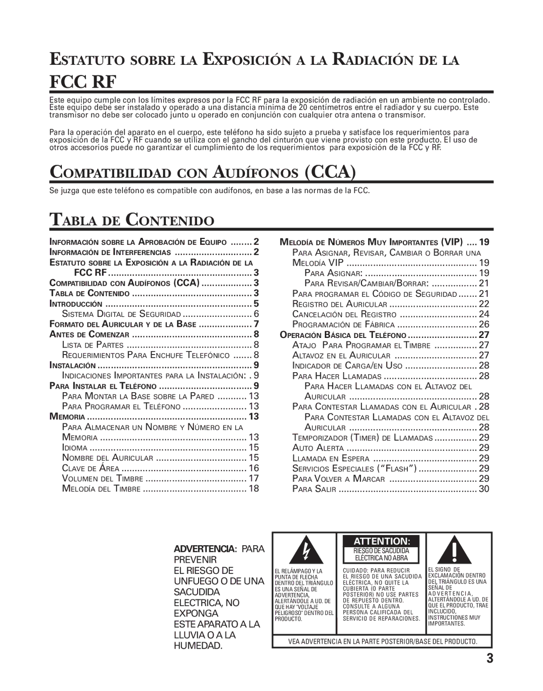 GE 25826GE manual Estatuto Sobre LA Exposición a LA Radiación DE LA, Compatibilidad CON Audífonos CCA, Tabla DE Contenido 