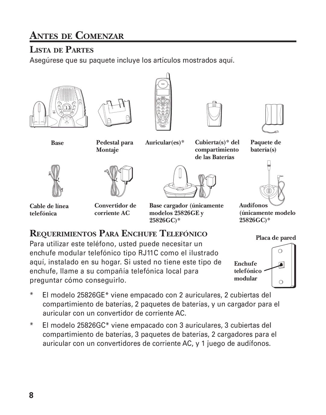 GE 25826GC, 25826GE, 55903980 manual Antes DE Comenzar, Lista DE Partes, Requerimientos Para Enchufe Telefónico 