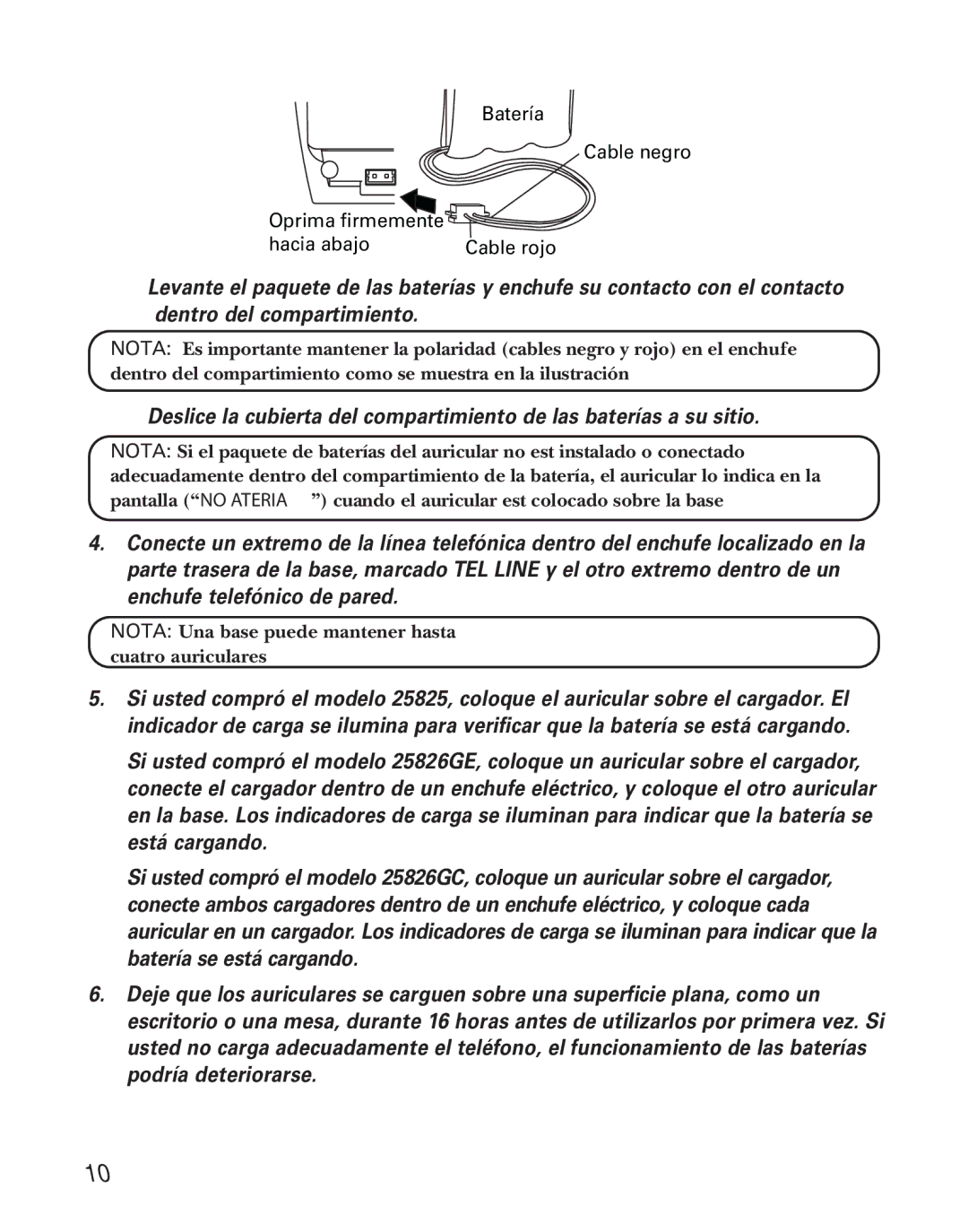 GE 55903980, 25826GC, 25826GE manual Batería Cable negro Oprima firmemente Hacia abajo 