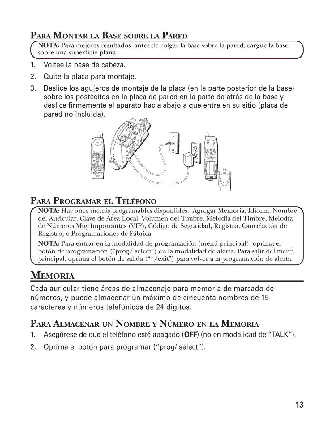 GE 55903980, 25826GC, 25826GE manual Memoria, Para Montar LA Base Sobre LA Pared, Para Programar EL Teléfono 