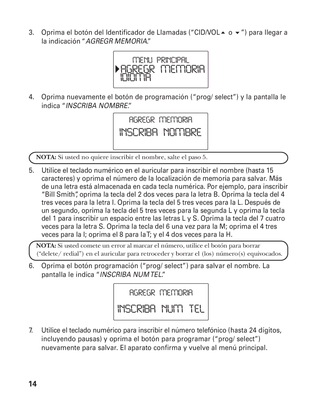 GE 25826GC, 25826GE, 55903980 manual Agregr Memoria Idioma, Inscriba Nombre, Inscriba NUM TEL 