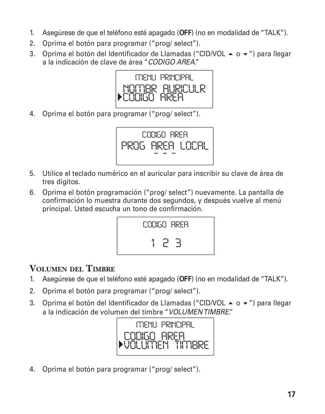 GE 25826GC, 25826GE, 55903980 Nombr Auriculr Codigo Area, Prog Area Local, Codigo Area Volumen Timbre, Volumen DEL Timbre 