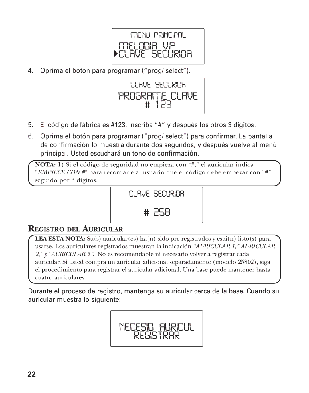 GE 55903980, 25826GC, 25826GE Melodia VIP Clave Securida, Programe Clave, Necesid Auricul Registrar, Registro DEL Auricular 