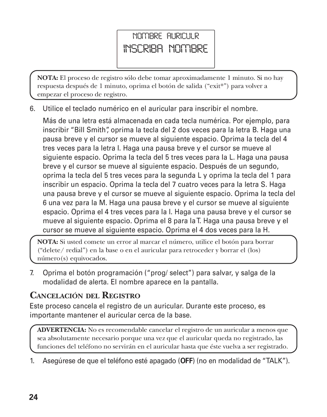 GE 25826GE, 25826GC, 55903980 manual Inscriba Nombre, Cancelación DEL Registro 