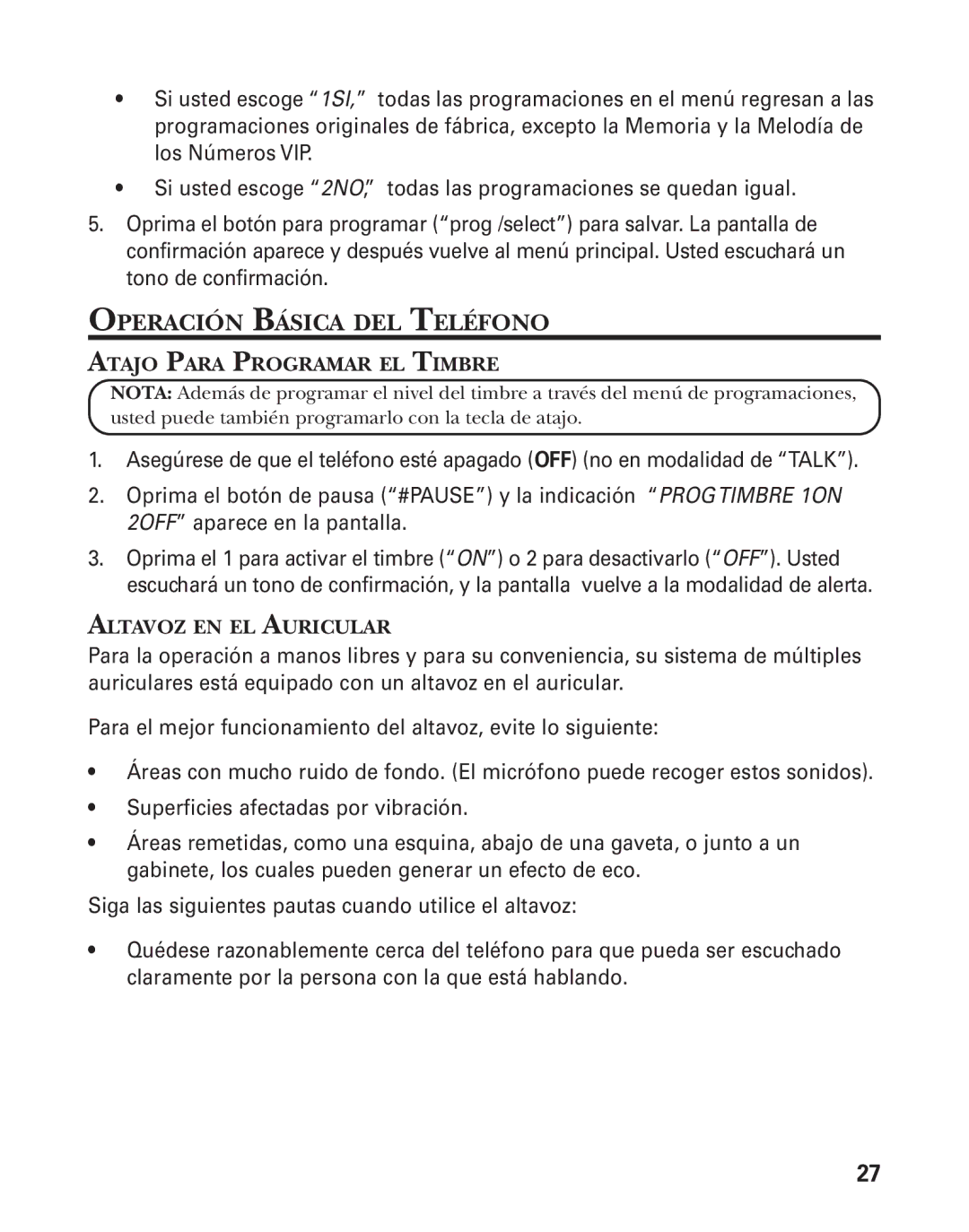 GE 25826GE, 25826GC, 55903980 manual Operación Básica DEL Teléfono, Atajo Para Programar EL Timbre, Altavoz EN EL Auricular 