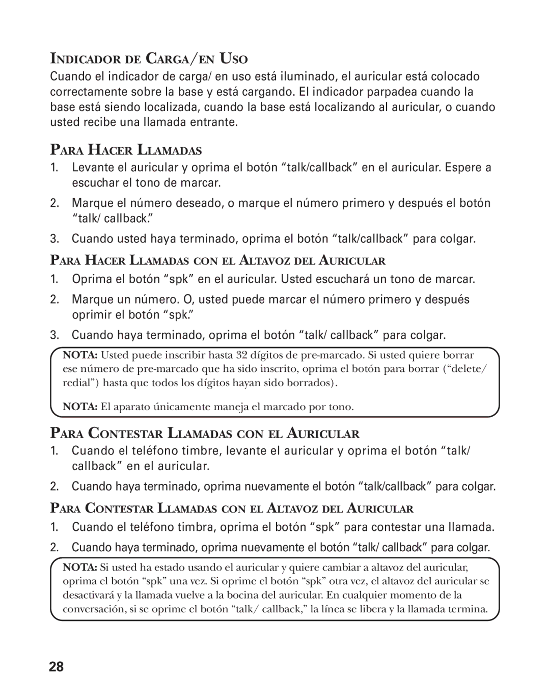 GE 55903980, 25826GC, 25826GE manual Indicador DE CARGA/EN USO, Para Hacer Llamadas, Para Contestar Llamadas CON EL Auricular 