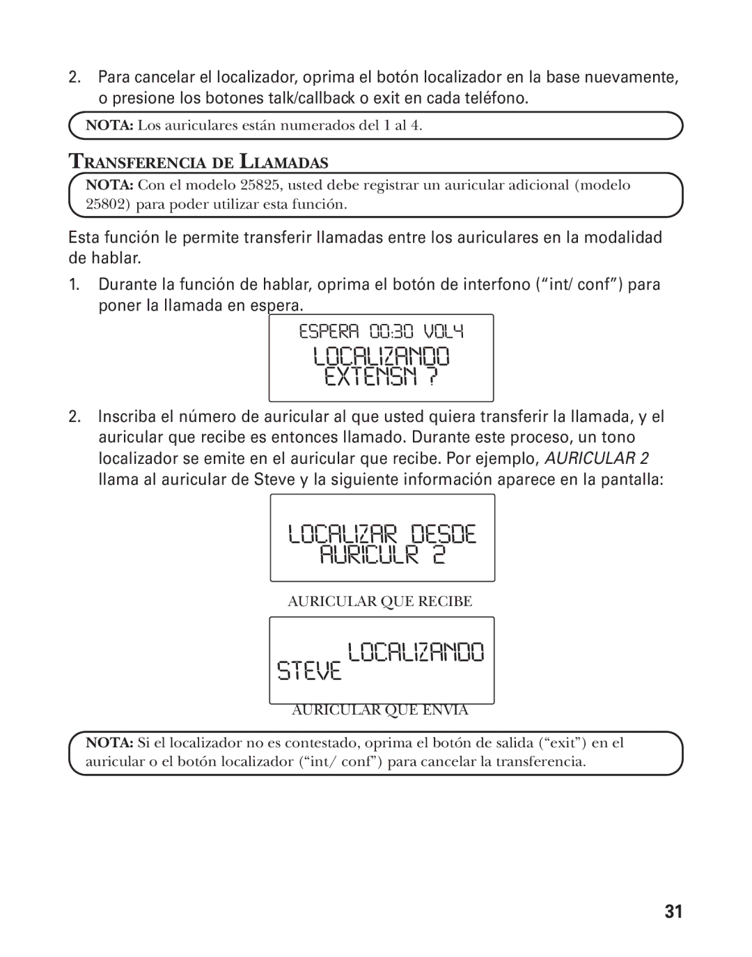 GE 55903980, 25826GC, 25826GE manual Localizar Desde Auriculr, Stevelocalizando, Transferencia DE Llamadas 