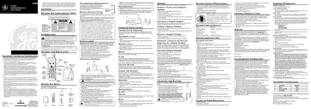 GE 25829 warranty Licensing, Hearing Aid Compatibility HAC, Memory, Battery Safety Precautions, General Product Care 