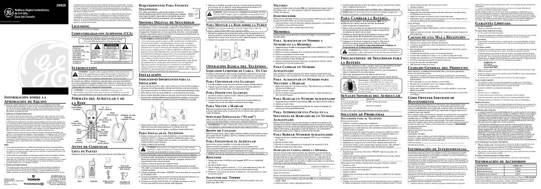 GE 25829 Compatibilidad con Audífonos CCA, Sistema Digital de Seguridad, Memoria, Para Cambiar la Batería, Introducción 