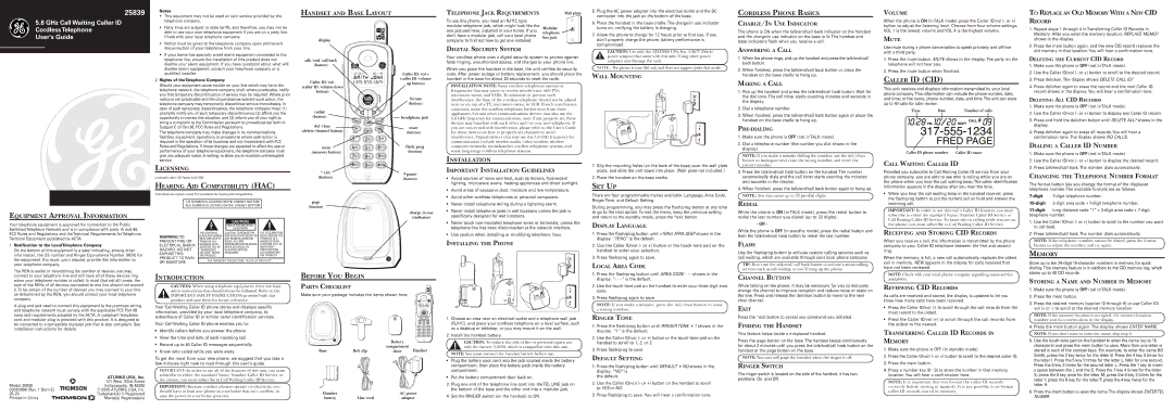 GE 25839 installation instructions Equipment Approval Information, Licensing, Hearing AID Compatibility HAC, Installation 