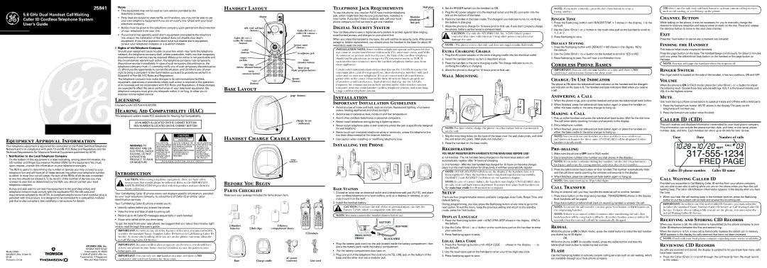 GE 25841 owner manual Licensing, Hearing Aid Compatibility HAC, Handset Layout, Base Layout, Installation, Caller ID CID 