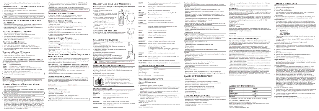 GE 25841 owner manual Headset and Belt Clip Operation, Service, Memory, Changing the Battery, Battery Safety Precautions 